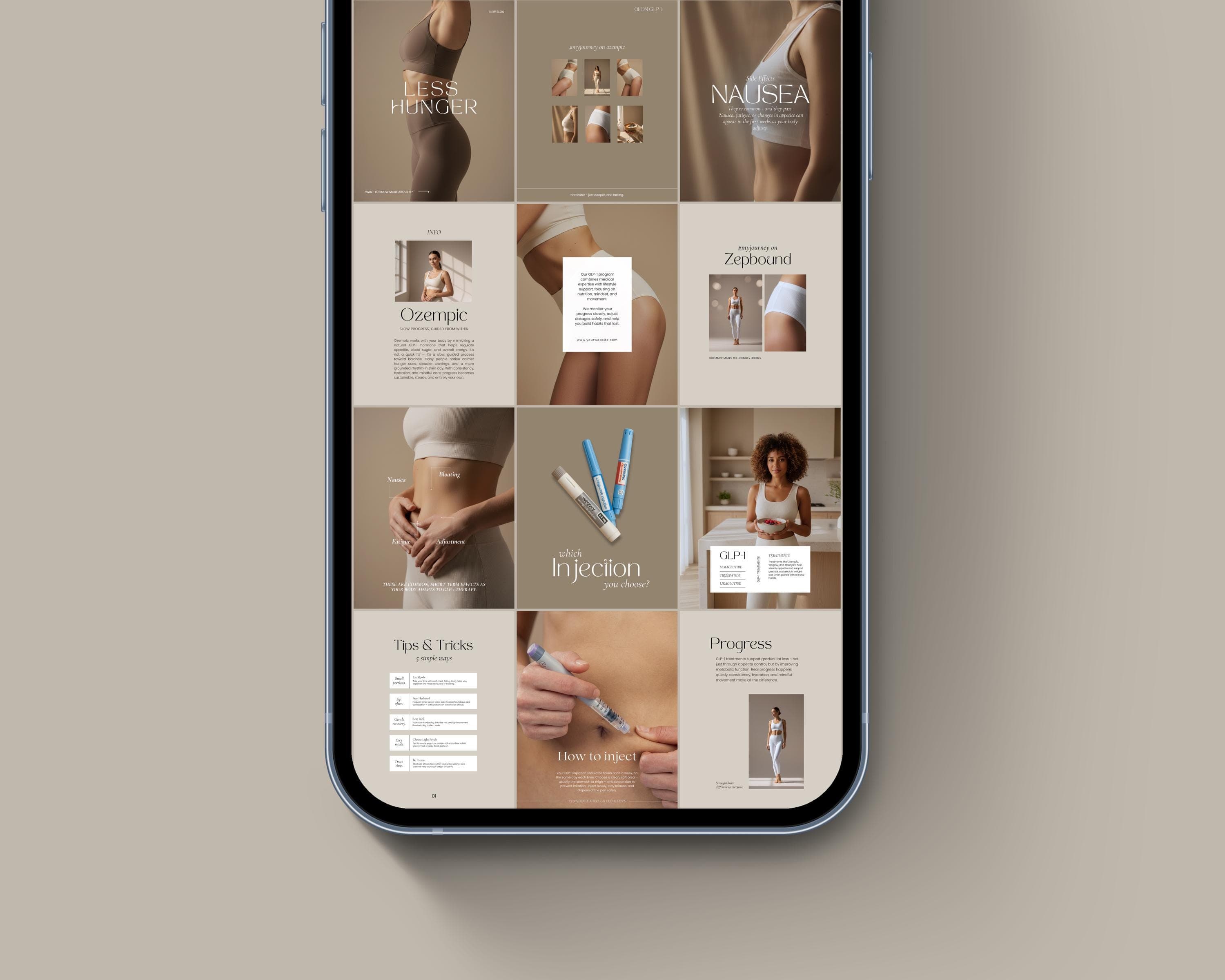 Instagram Posts GLP-1 | 50 Beige Aesthetic Templates |  Medspa Editable Canva Designs
