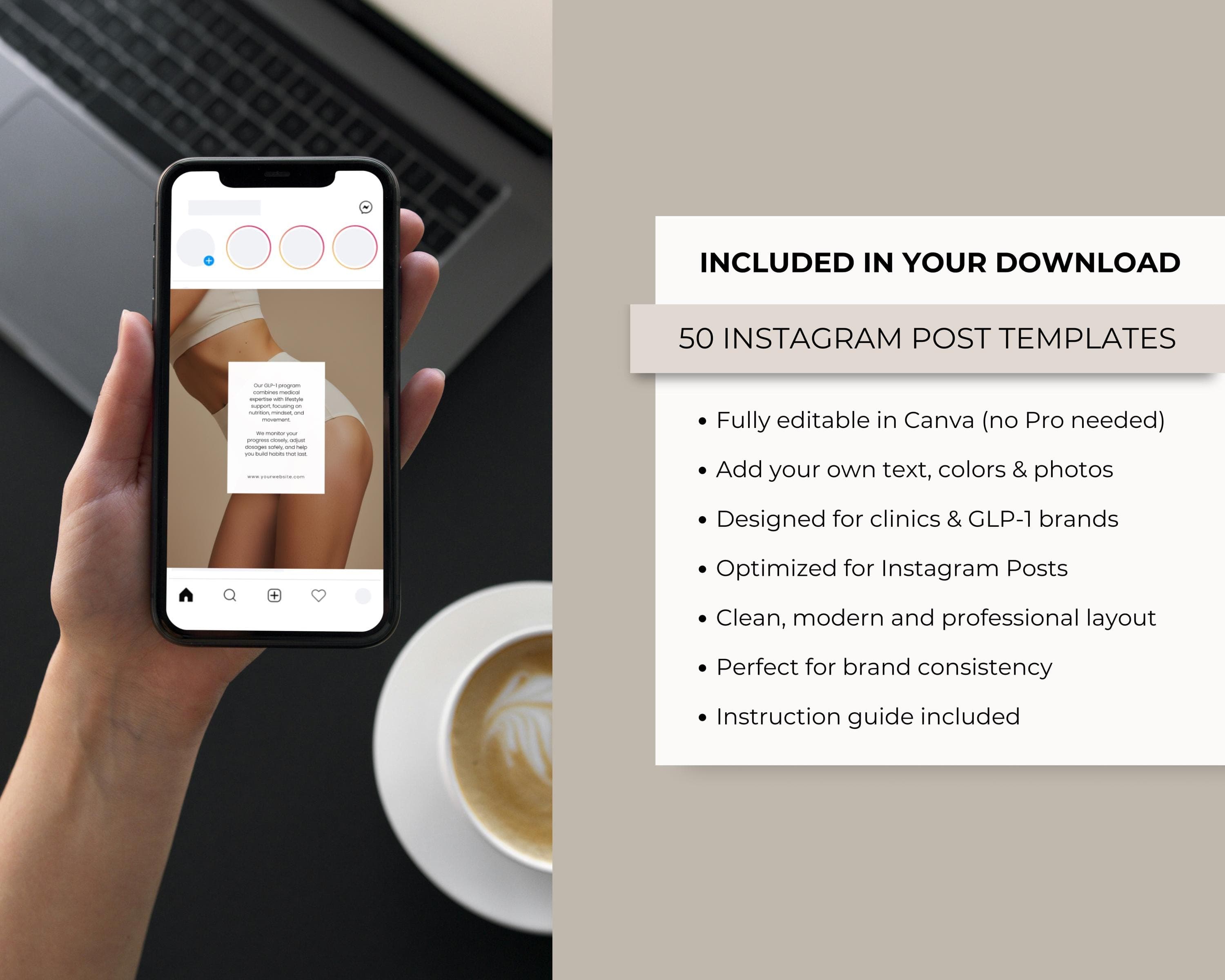 Instagram Posts GLP-1 | 50 Beige Aesthetic Templates |  Medspa Editable Canva Designs