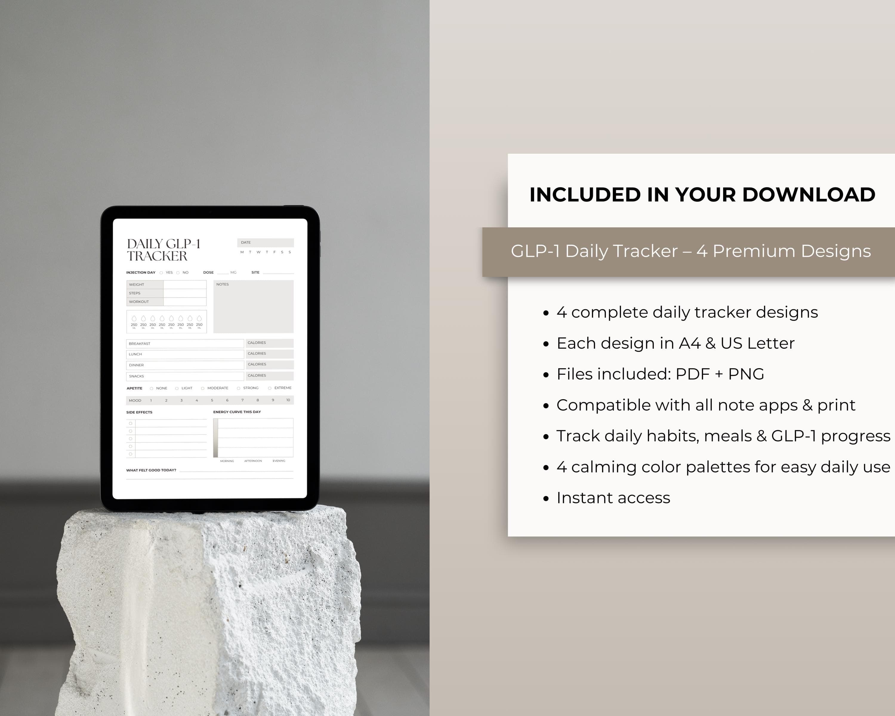 Appetite & Energy Tracker Printable | GLP-1 Daily Log with Mood + Side Effects | Weight Loss Health Tracker PDF