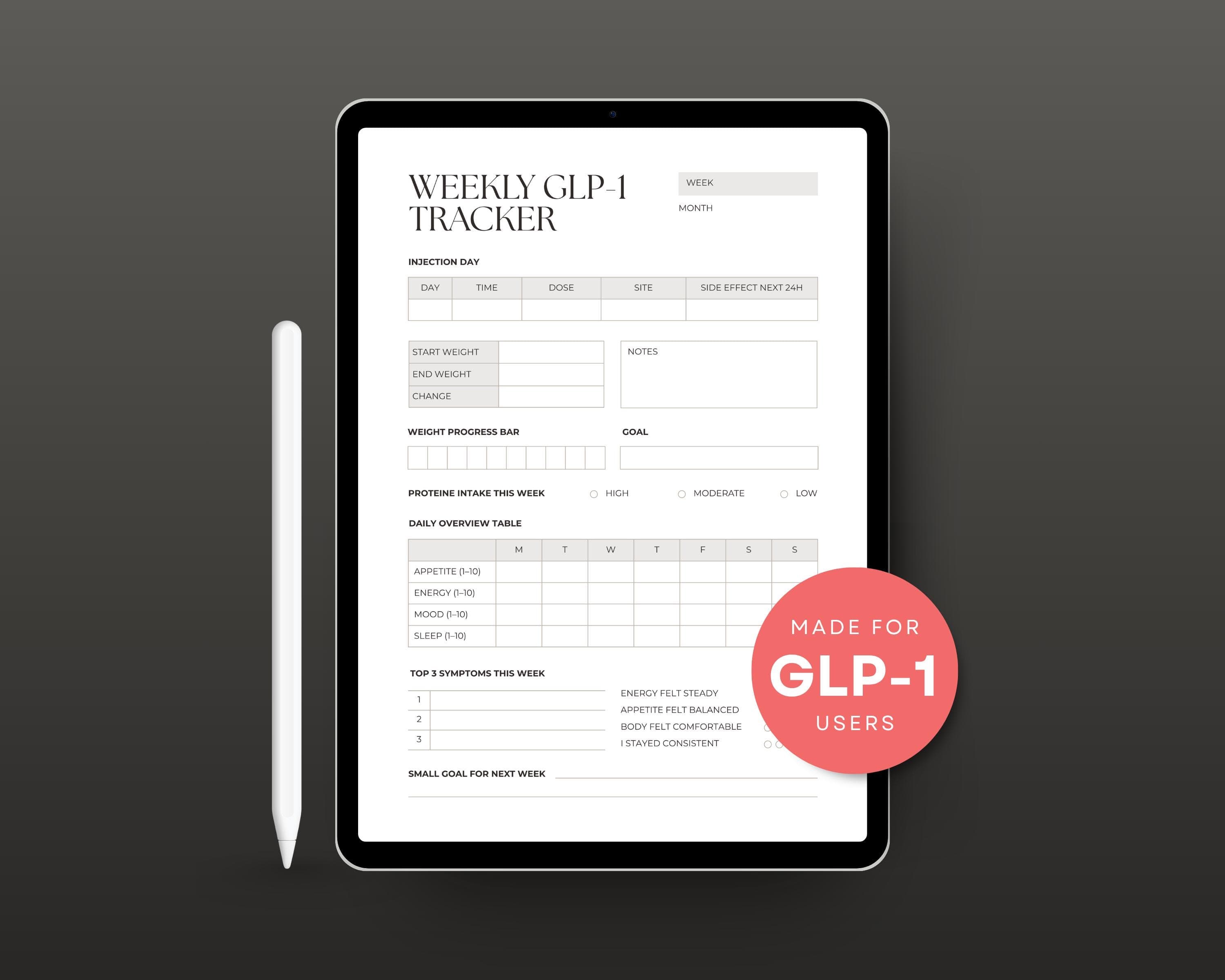 GLP-1 Protein Tracker Printable | Weekly Protein Intake & Progress Log | Muscle-Preserving Weight Loss Sheet PDF